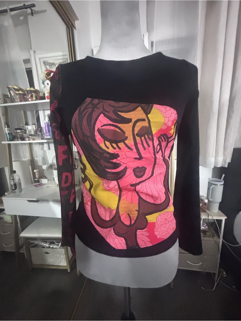 Custo Barcelona Black Long-Sleeve Top with Pink & Yellow Graphic